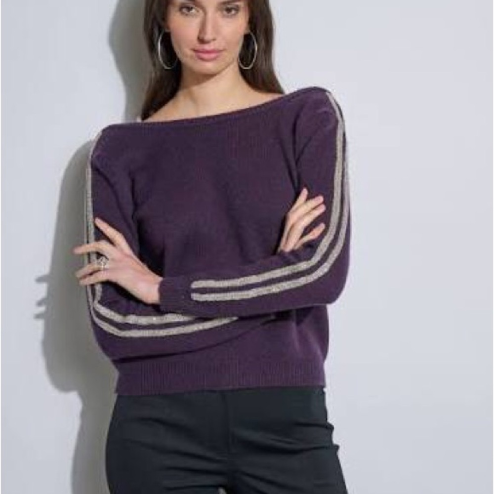 New with tag Elie Tahari Purple Sweater with beads on side of sleeves.